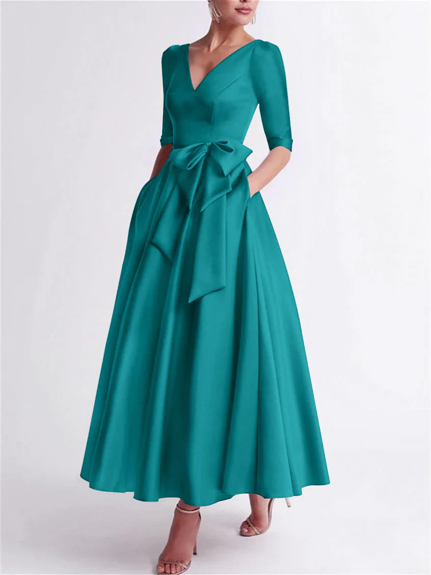 A-Line/Princess V Neck 3/4 Length Sleeve Tea Length Satin Mother of the Bride Dresses with Bow(s) - Image 57