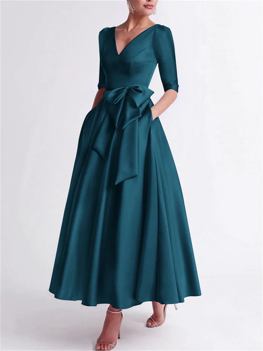 A-Line/Princess V Neck 3/4 Length Sleeve Tea Length Satin Mother of the Bride Dresses with Bow(s) - Image 58