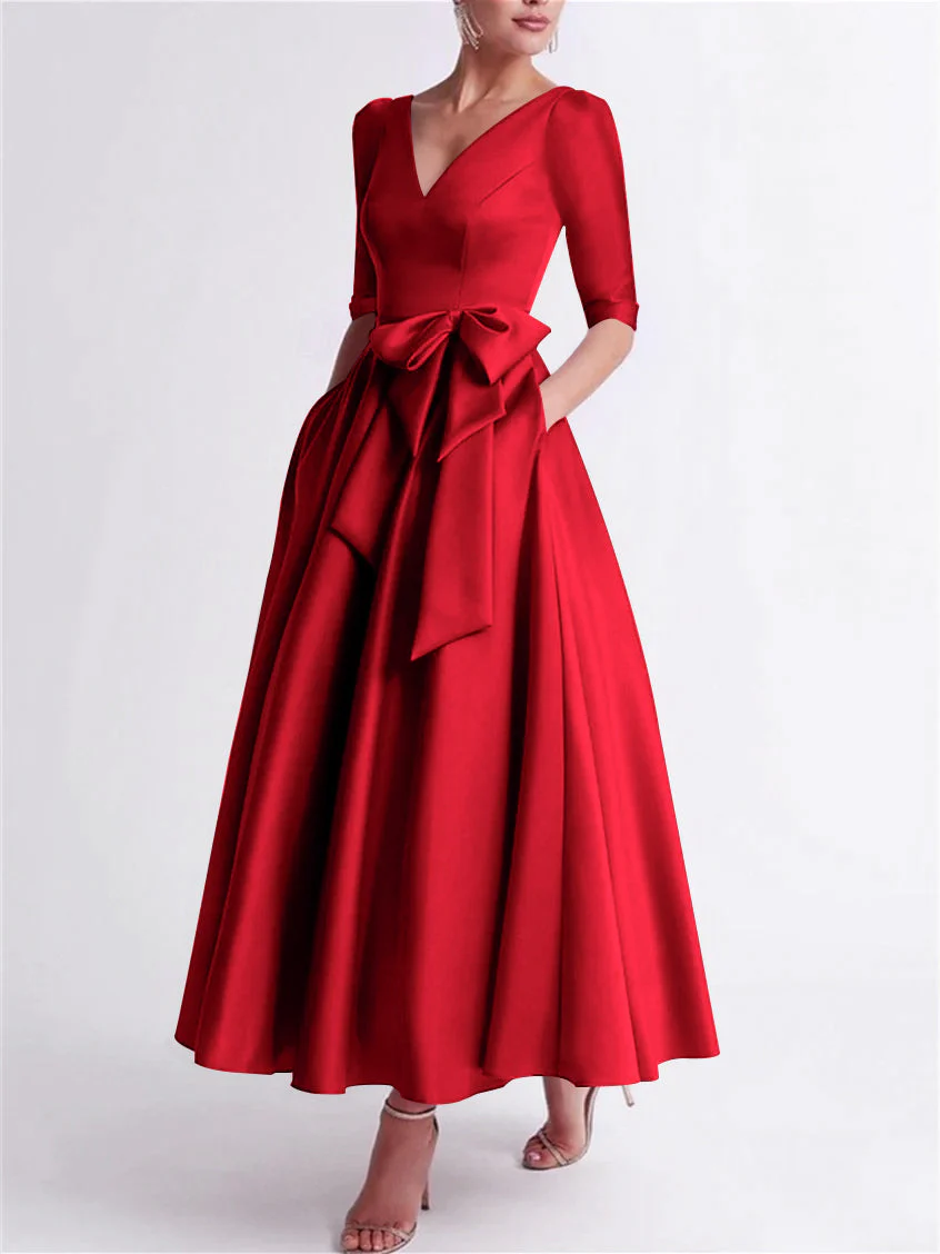 A-Line/Princess V Neck 3/4 Length Sleeve Tea Length Satin Mother of the Bride Dresses with Bow(s) - Image 59