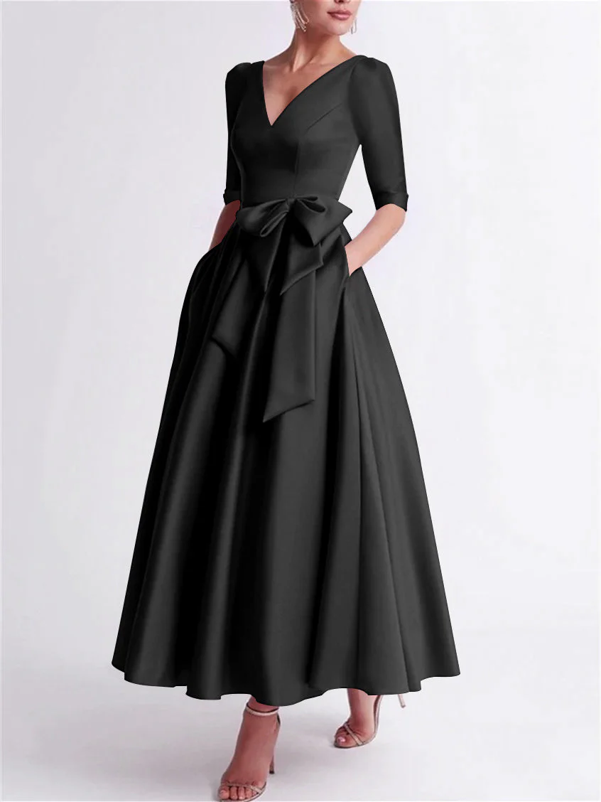 A-Line/Princess V Neck 3/4 Length Sleeve Tea Length Satin Mother of the Bride Dresses with Bow(s) - Image 6