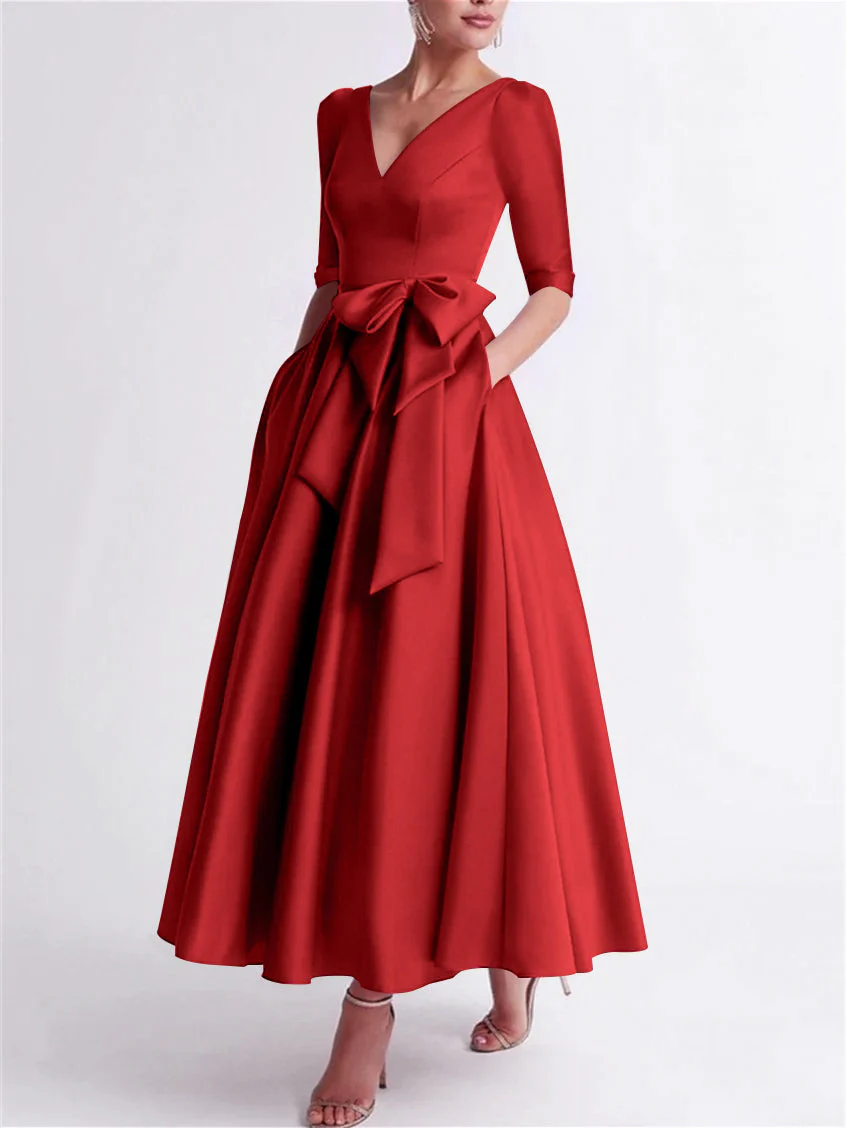 A-Line/Princess V Neck 3/4 Length Sleeve Tea Length Satin Mother of the Bride Dresses with Bow(s) - Image 60