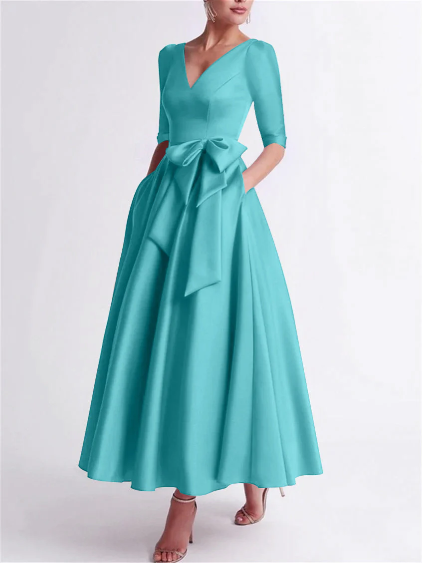 A-Line/Princess V Neck 3/4 Length Sleeve Tea Length Satin Mother of the Bride Dresses with Bow(s) - Image 7