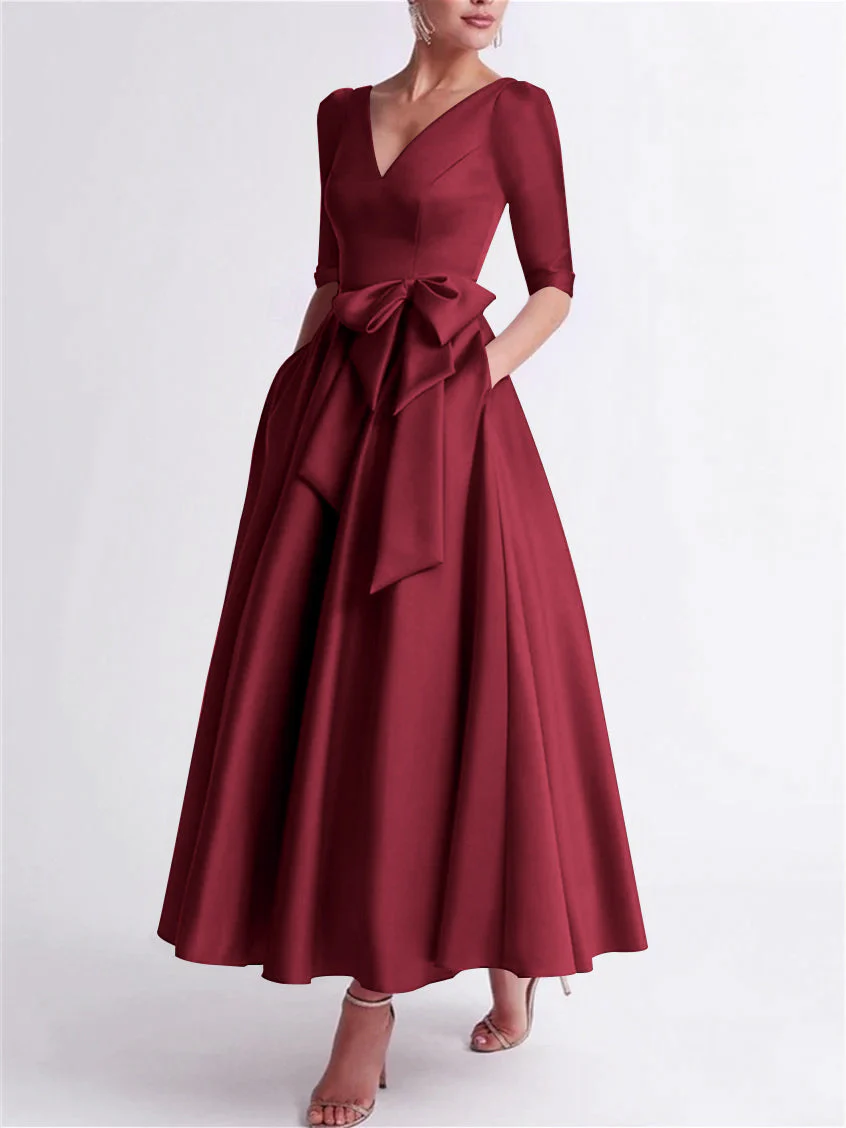 A-Line/Princess V Neck 3/4 Length Sleeve Tea Length Satin Mother of the Bride Dresses with Bow(s) - Image 8