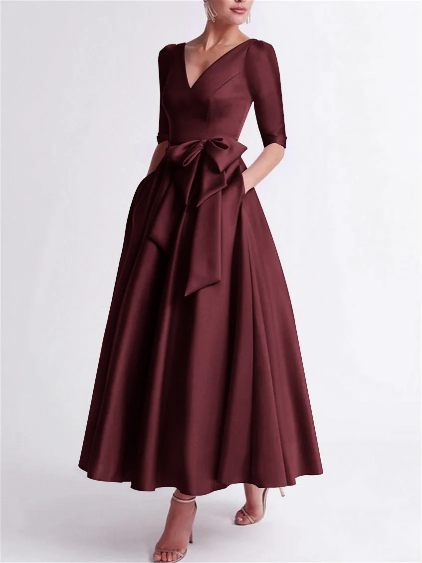 A-Line/Princess V Neck 3/4 Length Sleeve Tea Length Satin Mother of the Bride Dresses with Bow(s) - Image 9