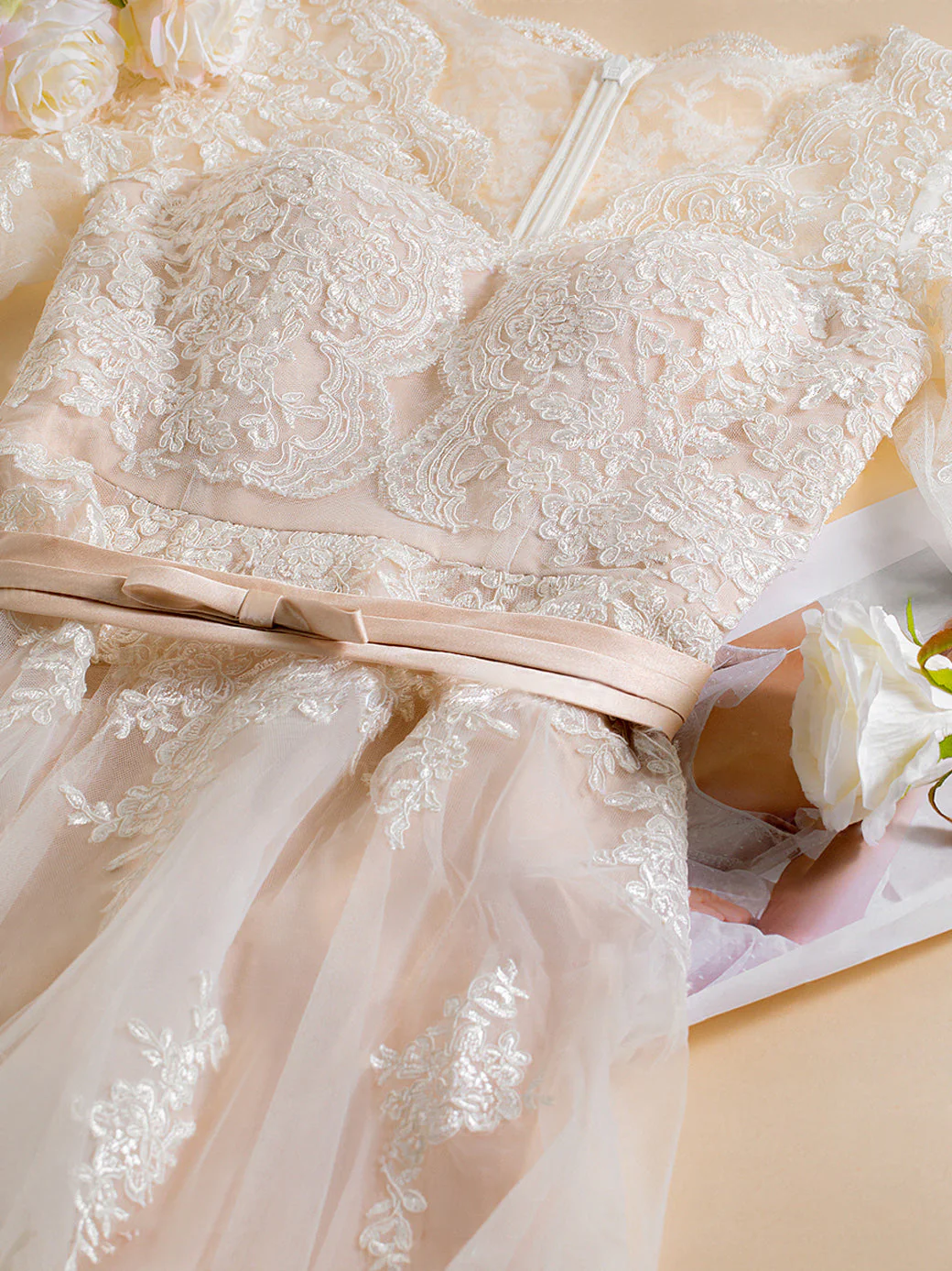 A Line/Princess V-Neck 3/4 Length Sleeves Asymmetrical Wedding Dress with Lace Embroidery - Image 3