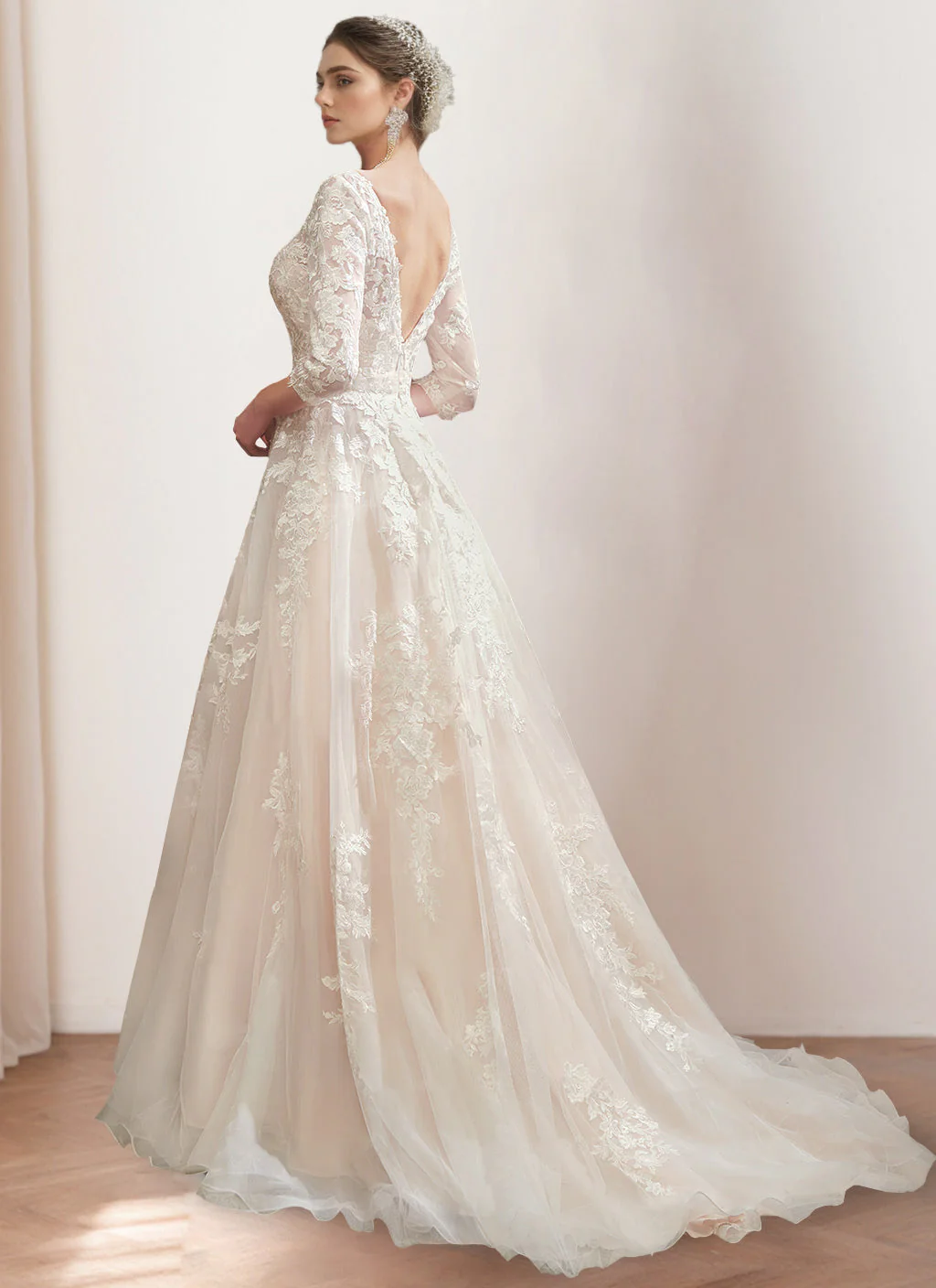 A Line/Princess V-Neck 3/4 Length Sleeves Floor-length Wedding Dress with Lace Embroidery - Image 2