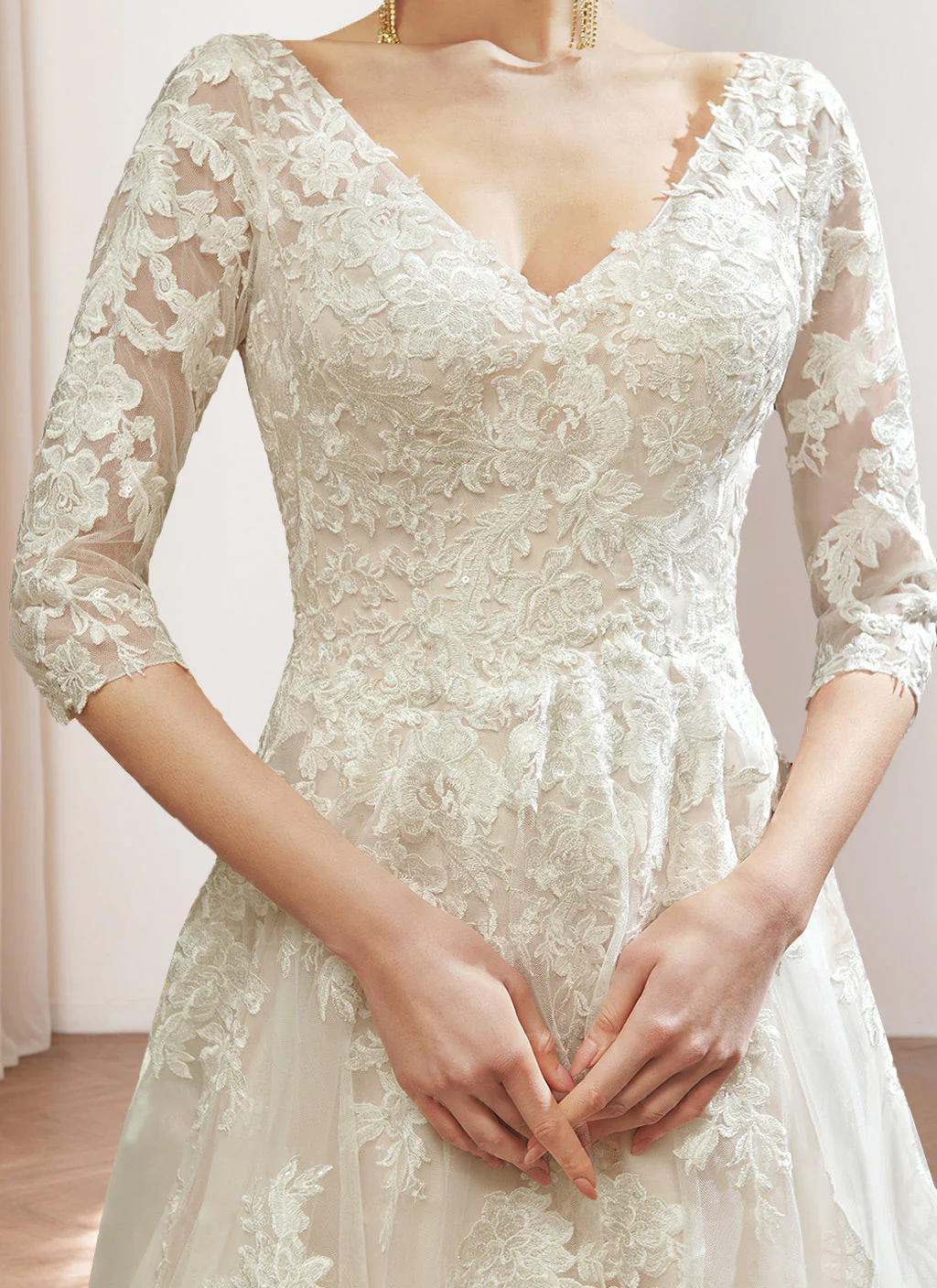 A Line/Princess V-Neck 3/4 Length Sleeves Floor-length Wedding Dress with Lace Embroidery - Image 3
