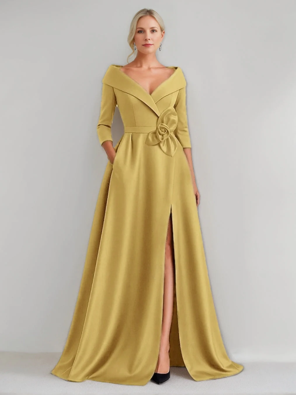 A-Line/Princess V-Neck 3/4 Sleeves Floor-Length Mother of the Bride Dresses with 3D Flowers & Pocket & Slit