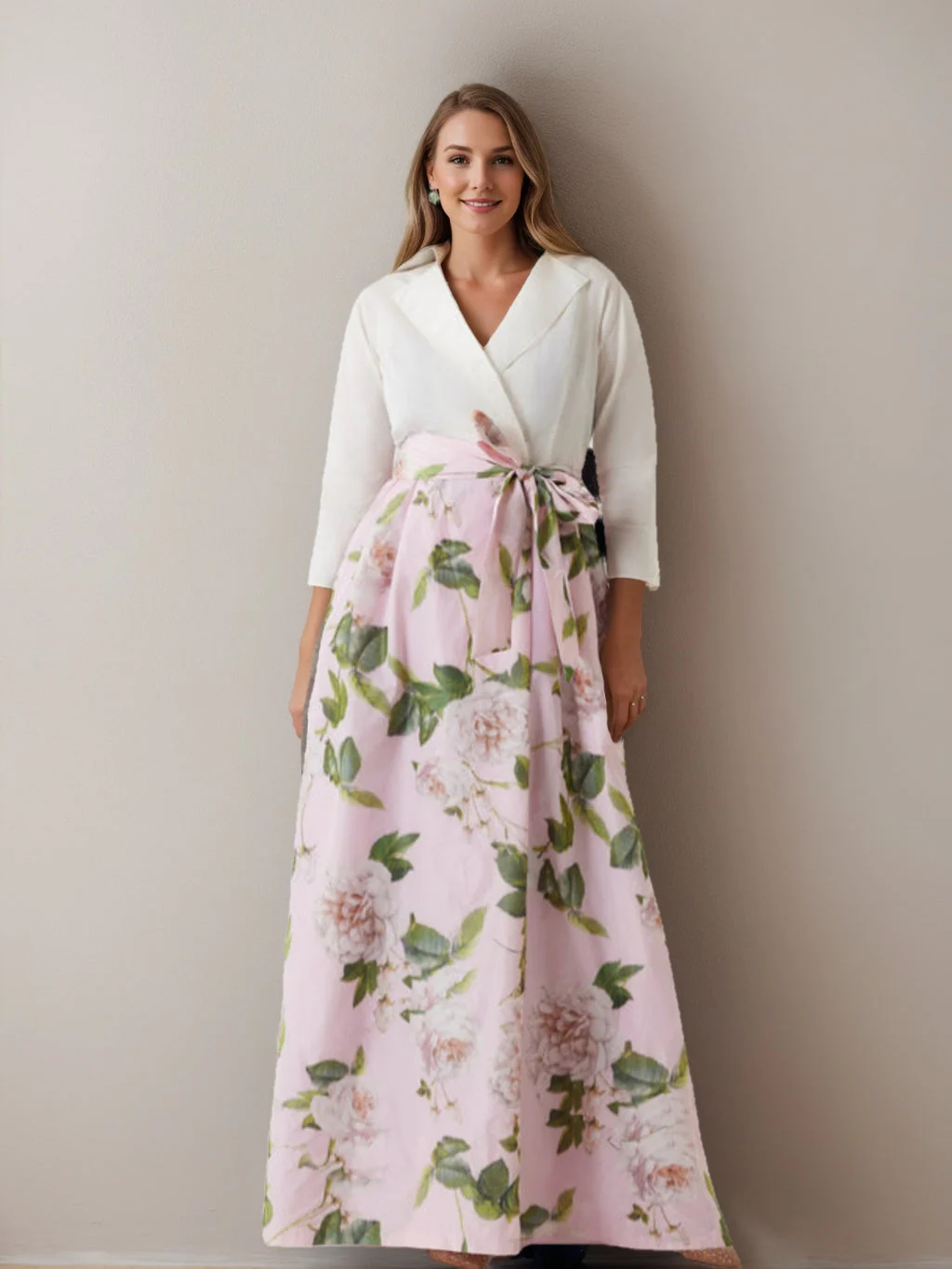 A-Line/Princess V-Neck 3/4 Sleeves Printed Floral Plus Size Mother of the Bride Dresses with Bow Belt - Image 2