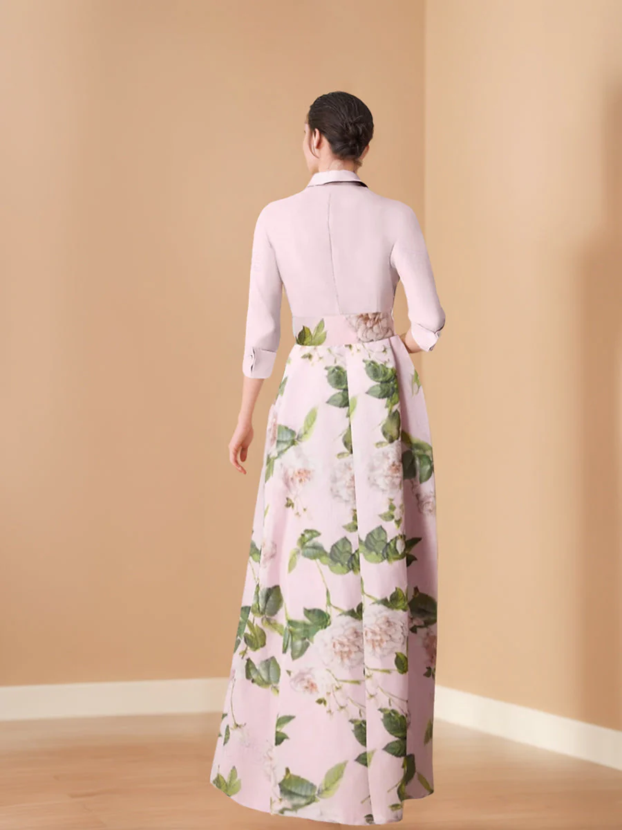 A-Line/Princess V-Neck 3/4 Sleeves Printed Floral Plus Size Mother of the Bride Dresses with Bow Belt - Image 3