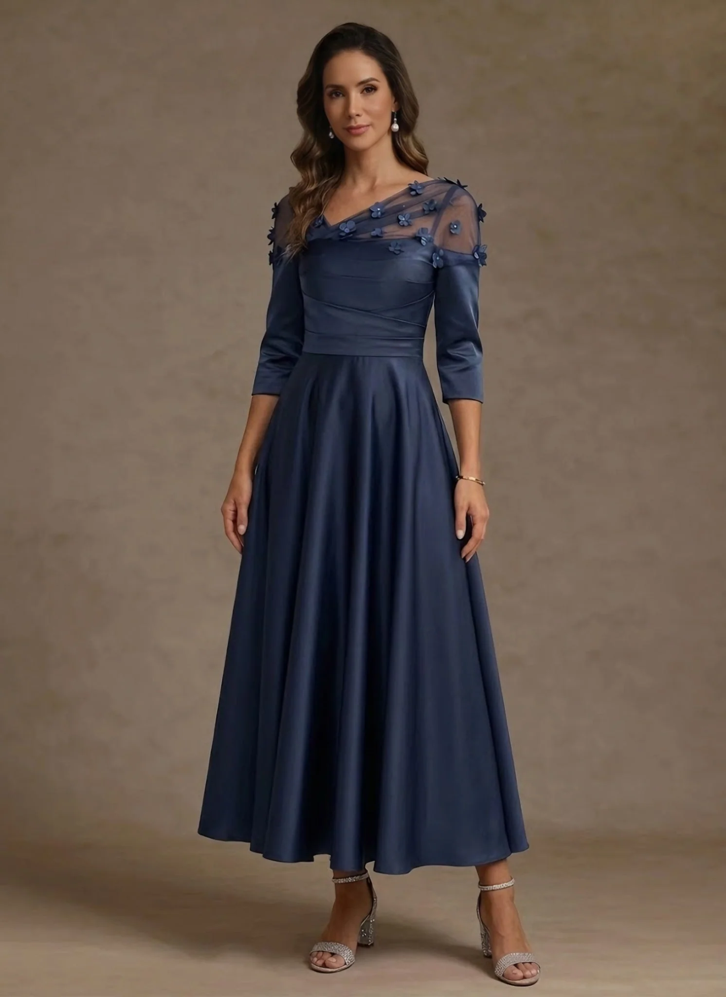A-Line/Princess V-Neck Acetate Satin Mother of the Bride Dresses 3/4 Sleeves Floral Tea-Length 3D Flower