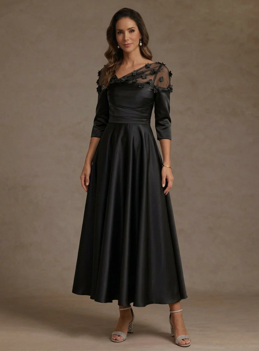 A-Line/Princess V-Neck Acetate Satin Mother of the Bride Dresses 3/4 Sleeves Floral Tea-Length 3D Flower - Image 4