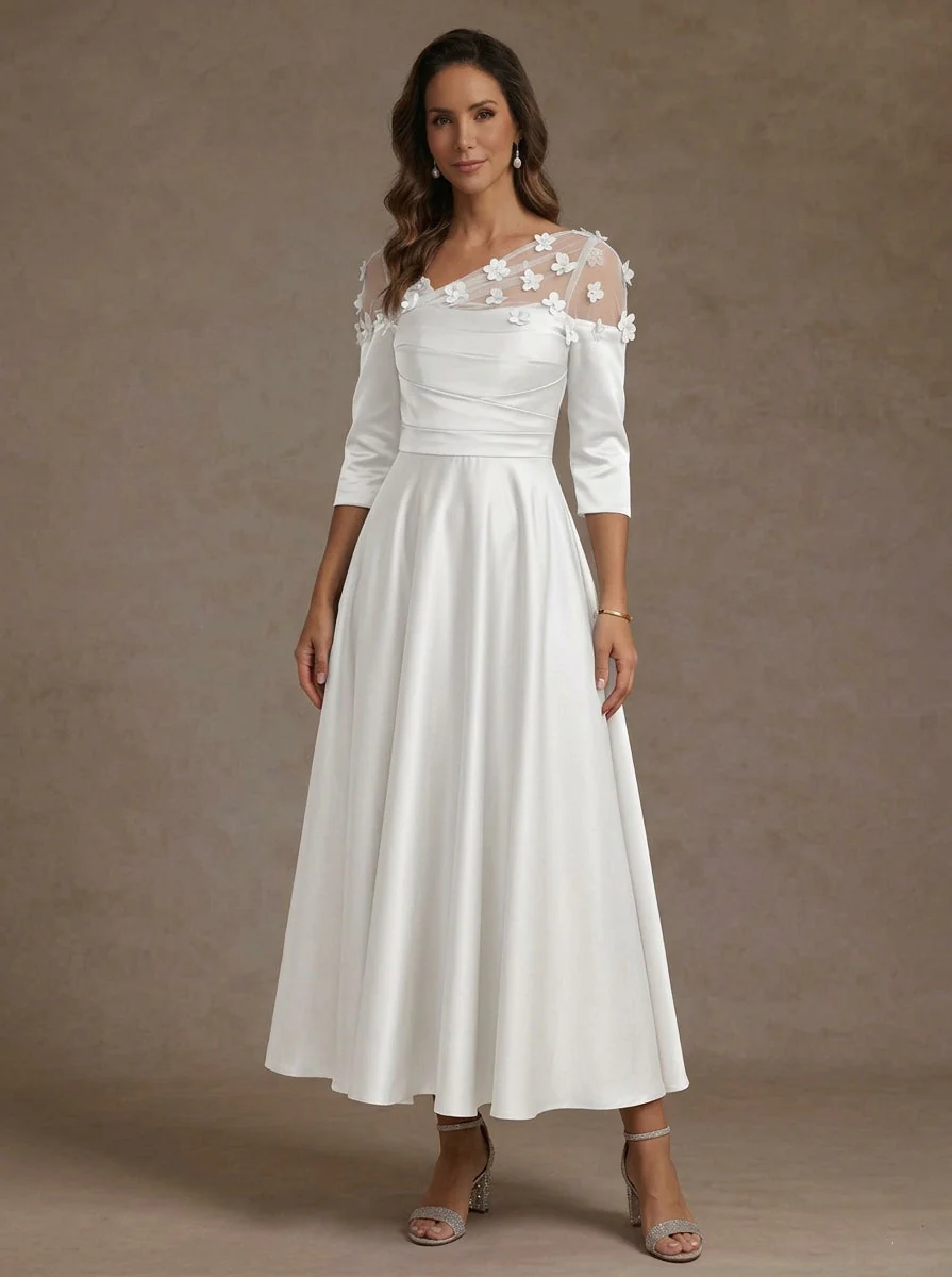 A-Line/Princess V-Neck Acetate Satin Mother of the Bride Dresses 3/4 Sleeves Floral Tea-Length 3D Flower - Image 5