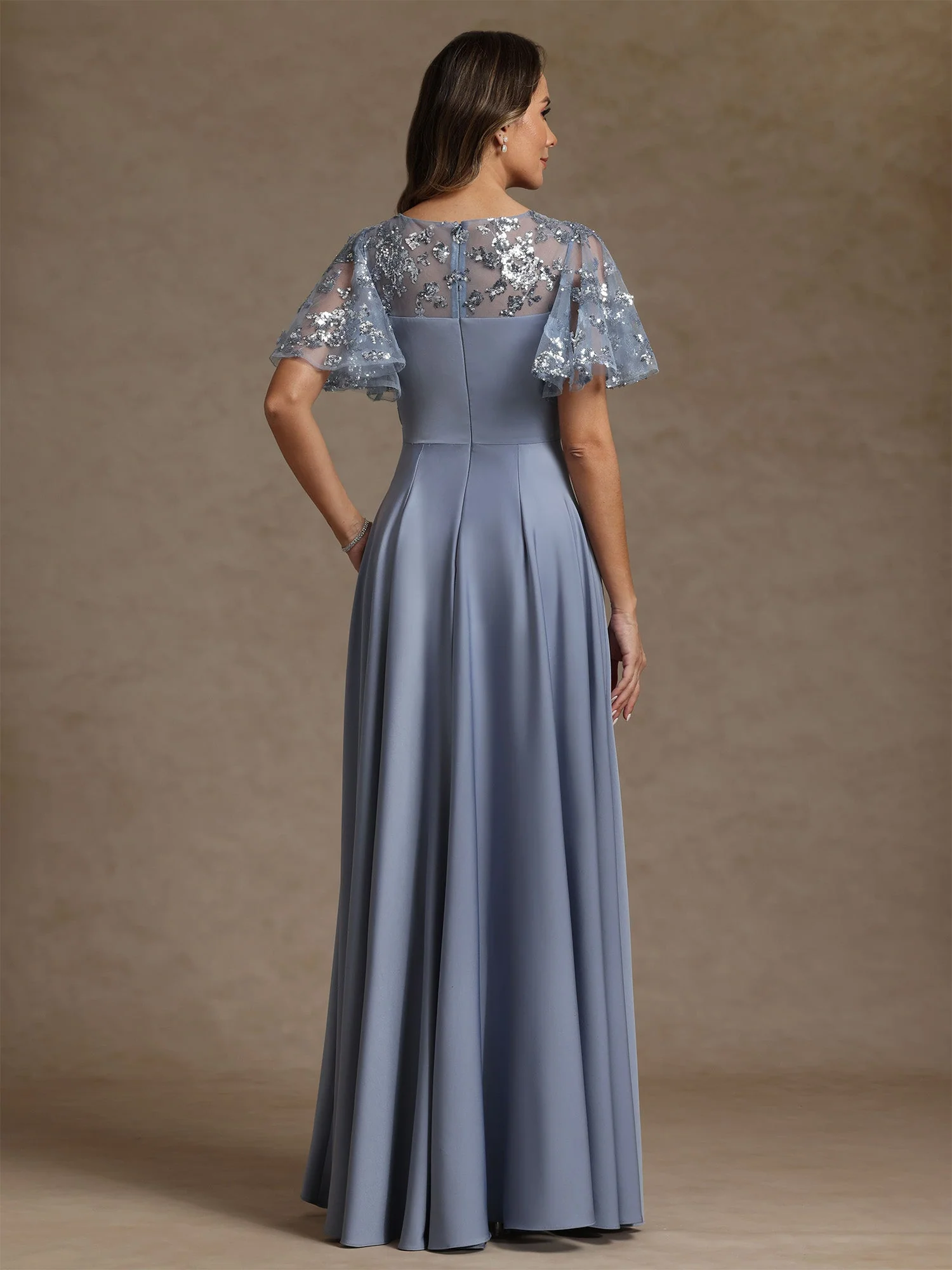 A-Line/Princess V-Neck Acetate Satin Mother of the Bride Dresses Sequins Floor-Length Short Sleeves Ruched - Image 2
