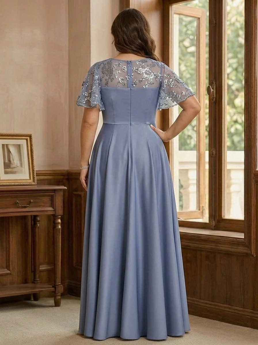 A-Line/Princess V-Neck Acetate Satin Plus Size Mother of the Bride Dresses Sequins Floor-Length Short Sleeves Ruched - Image 2