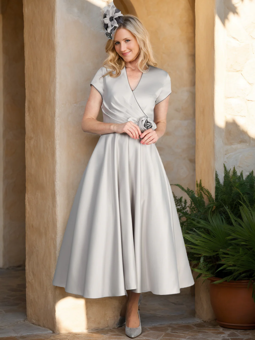 A-Line/Princess V-Neck Ankle-Length Elegant Mother of the Bride Dresses with 3D Flowers - Image 4