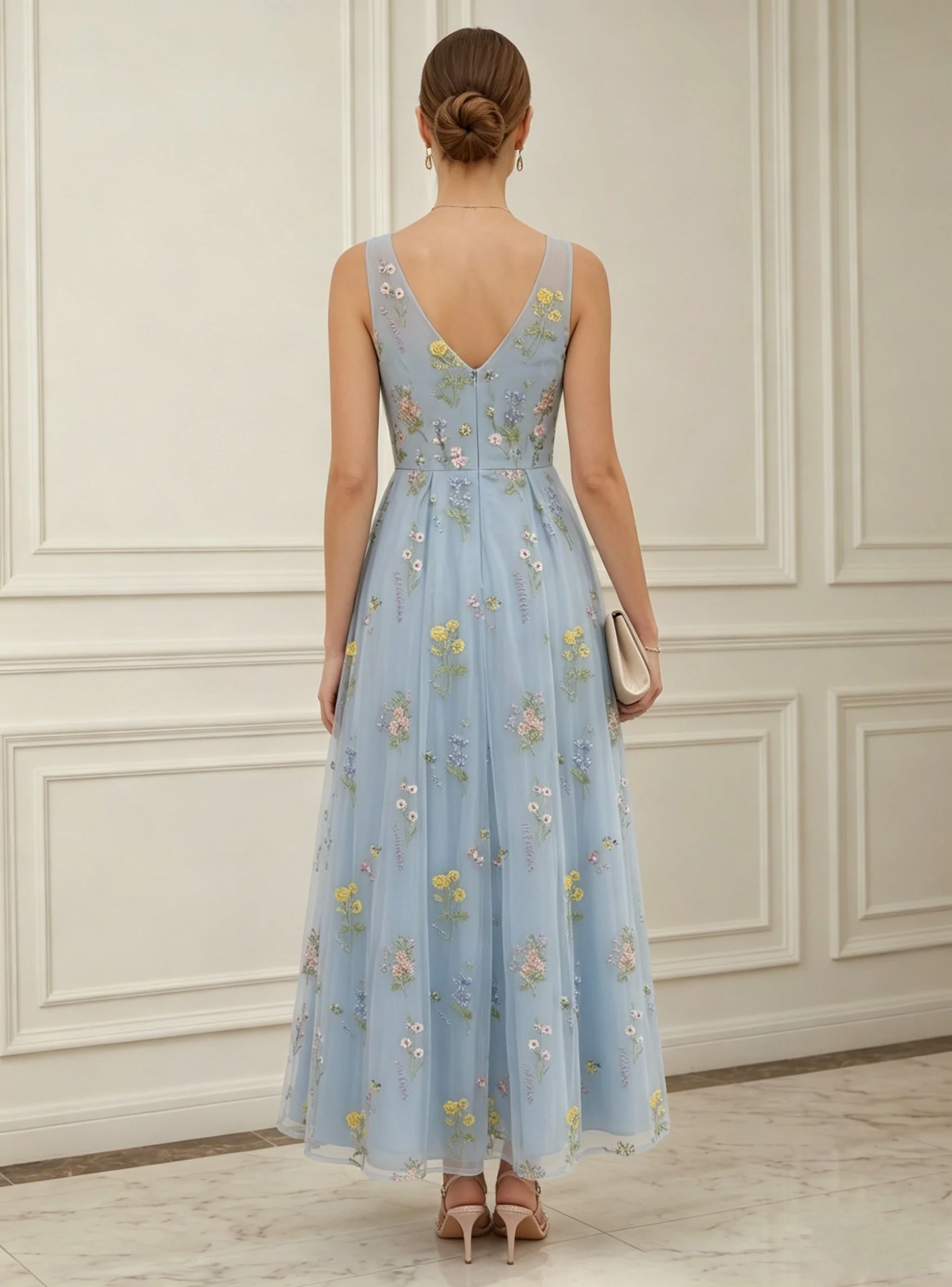 A-Line/Princess V-Neck Chiffon Cocktail Dresses Sleeveless Floral Ankle-Length Formal Dresses - Image 2