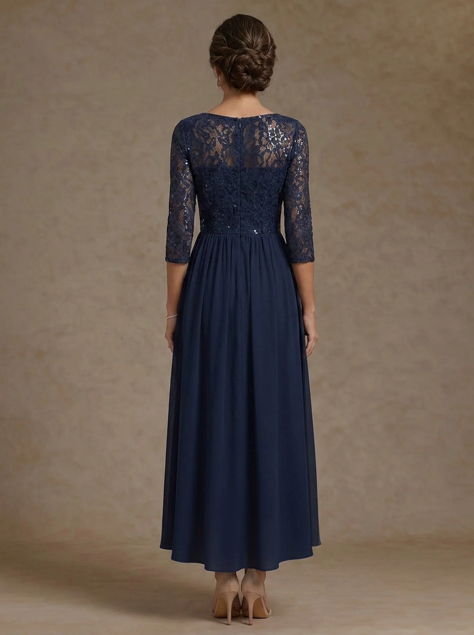 A-Line/Princess V-Neck Chiffon Mother of the Bride Dresses 3/4 Sleeves Lace Sequins Tea-Length - Image 2