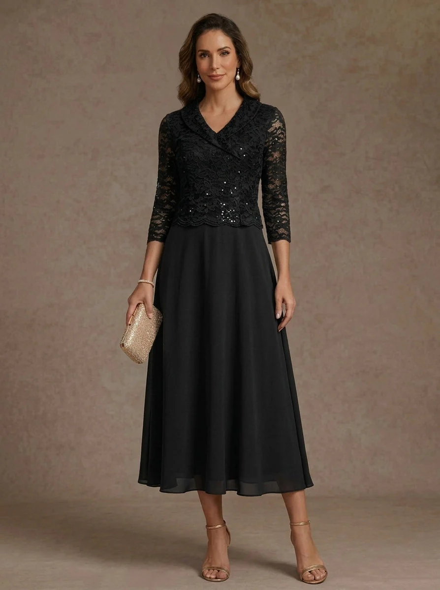 A-Line/Princess V-Neck Chiffon Mother of the Bride Dresses 3/4 Sleeves Lace Sequins Tea-Length - Image 3