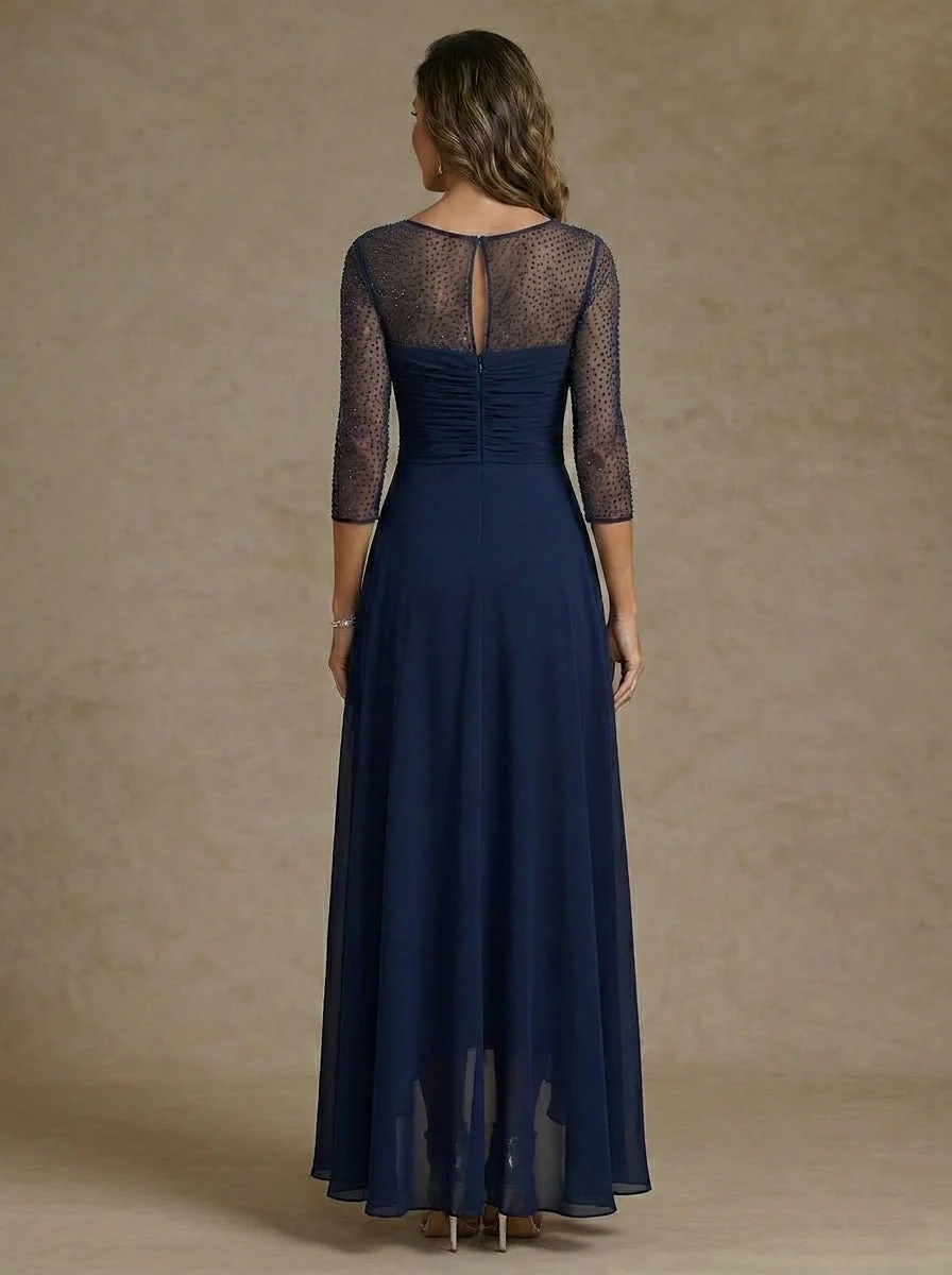 A-Line/Princess V-Neck Chiffon Mother of the Bride Dresses 3/4 Sleeves Sequins Asymmetrical Tea-Length - Image 2