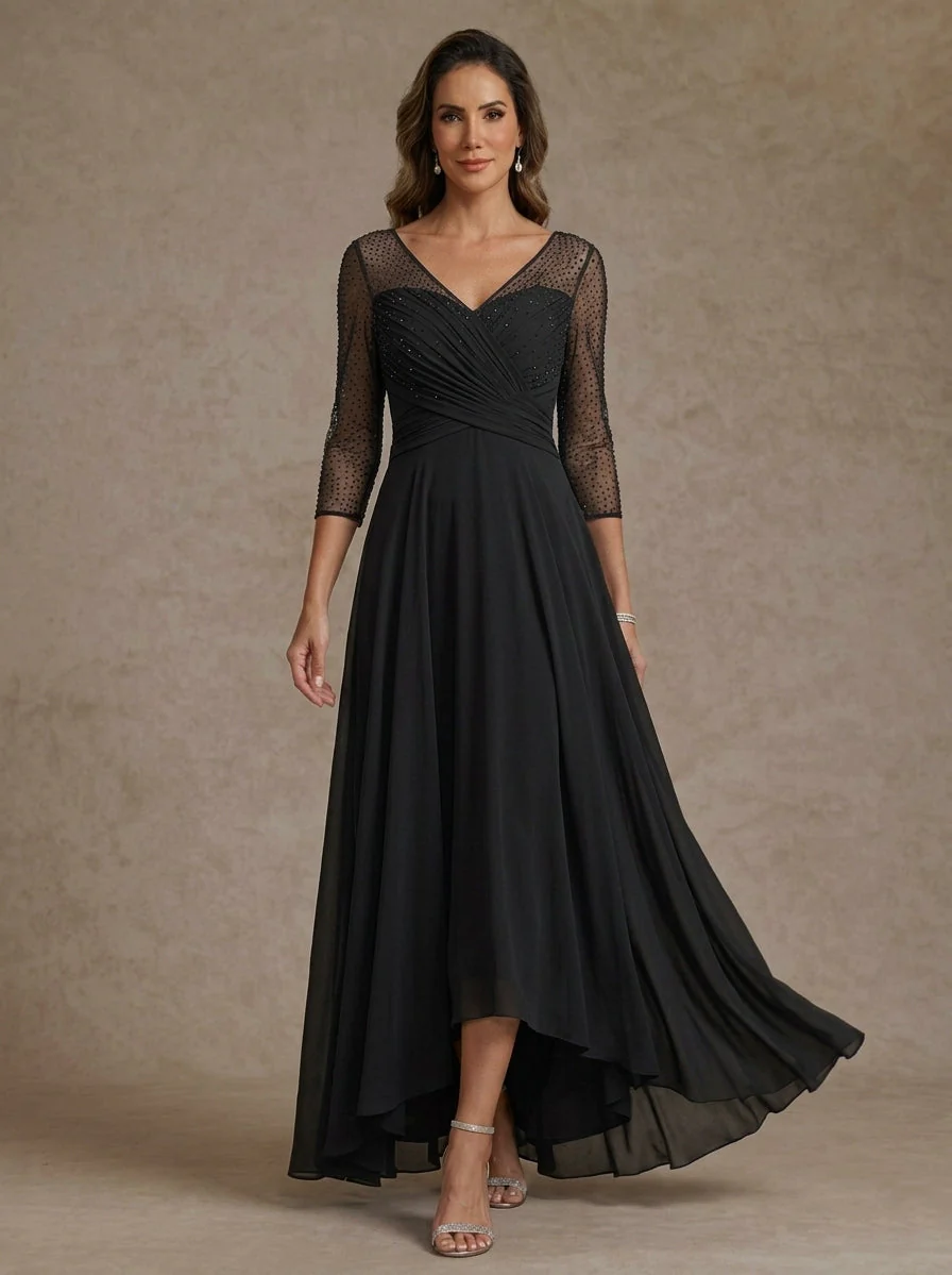 A-Line/Princess V-Neck Chiffon Mother of the Bride Dresses 3/4 Sleeves Sequins Asymmetrical Tea-Length - Image 3