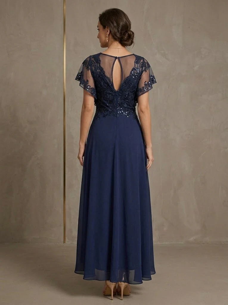 A-Line/Princess V-Neck Chiffon Mother of the Bride Dresses Asymmetrical Ankle-Length Lace Sequins Short Sleeves - Image 2