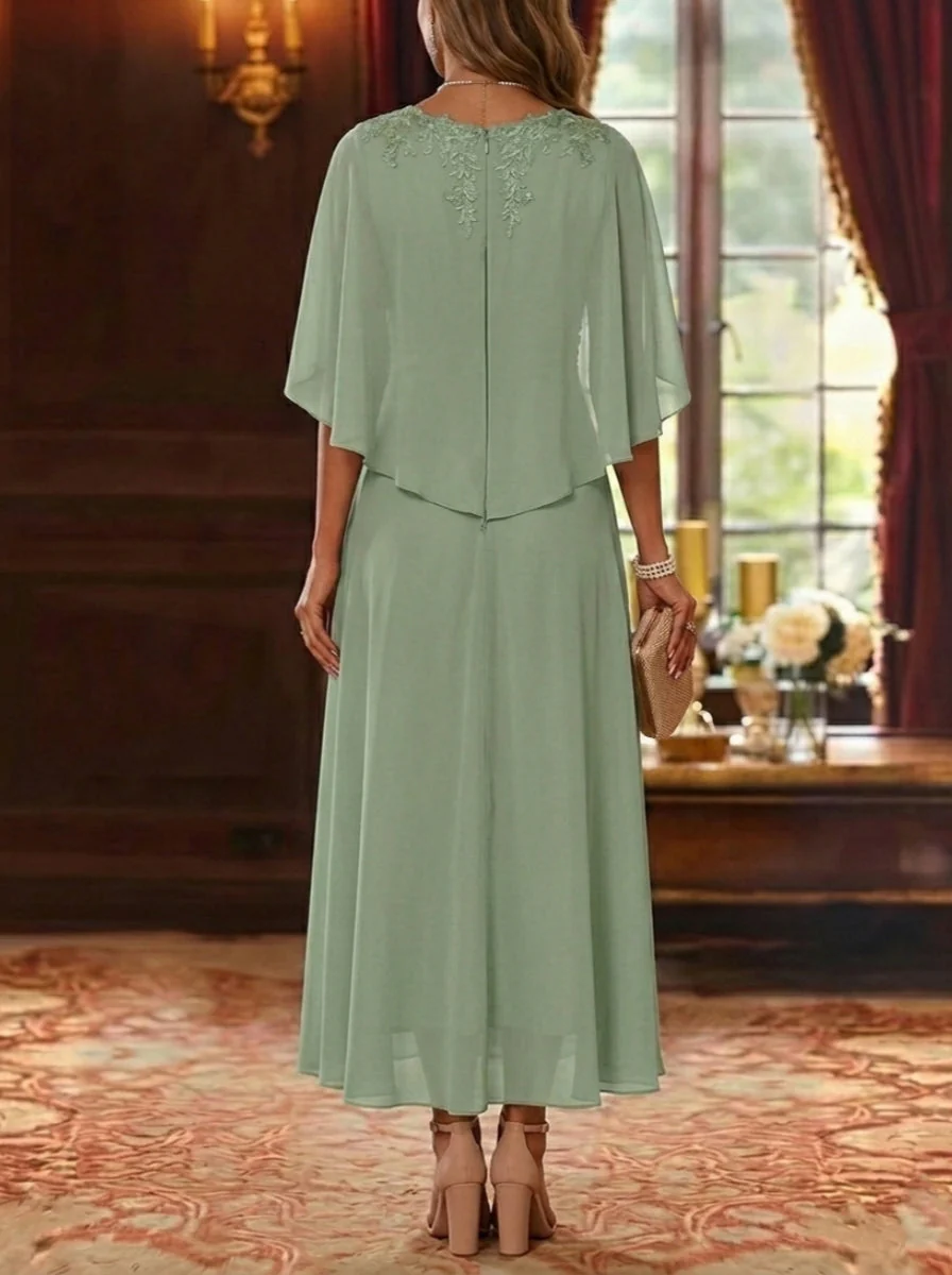 A-Line/Princess V-Neck Chiffon Mother of the Bride Dresses Cape Sleeves Ruched Lace Asymmetrical Tea-Length - Image 2