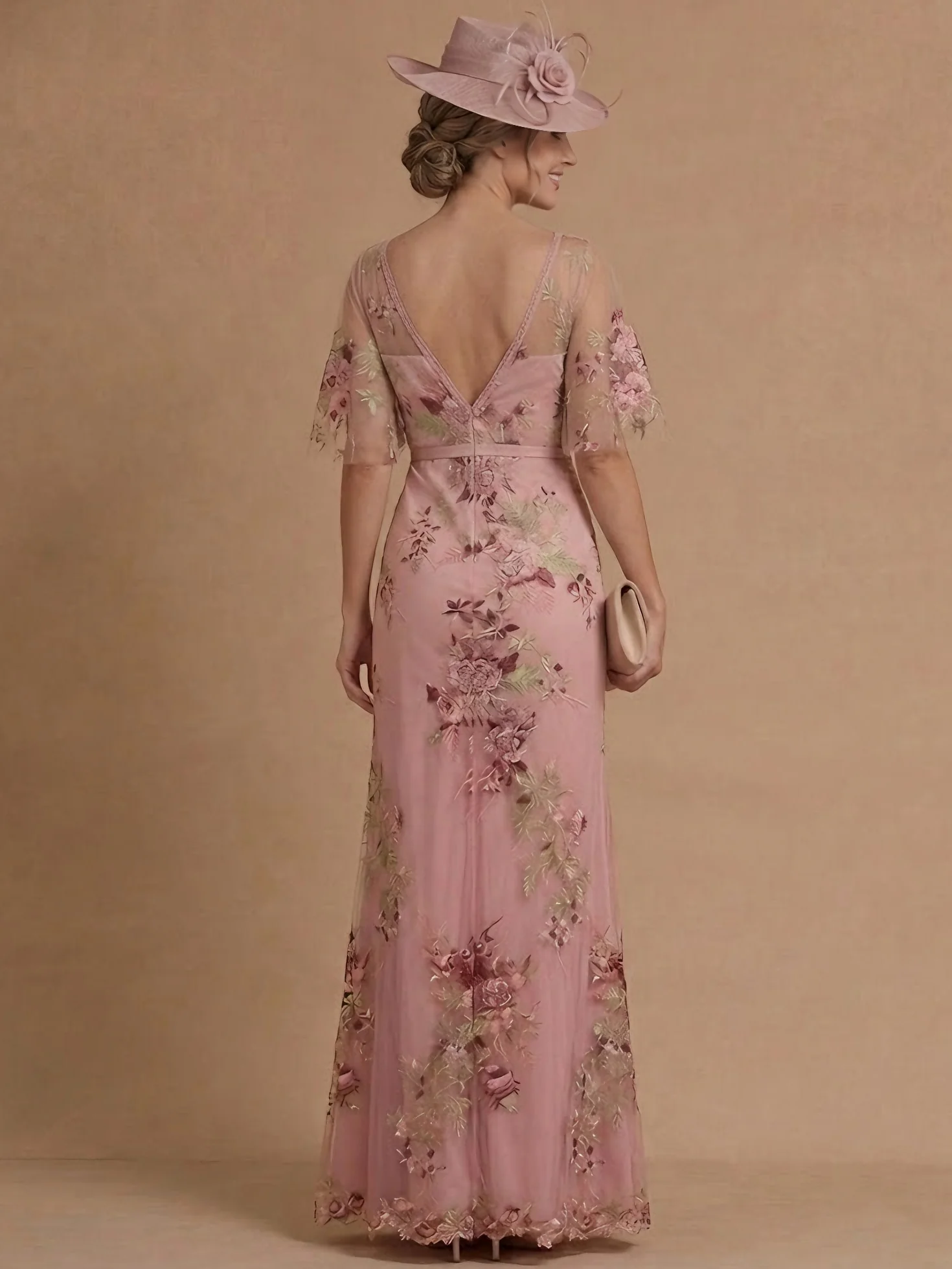 A-Line/Princess V-Neck Chiffon Mother of the Bride Dresses Floor-Length Half Sleeves Lace Floral - Image 2