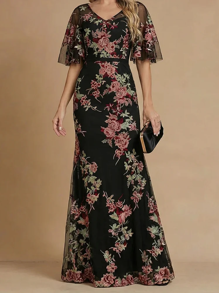 A-Line/Princess V-Neck Chiffon Mother of the Bride Dresses Floor-Length Half Sleeves Lace Floral - Image 4