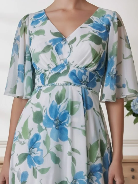 A-Line/Princess V-Neck Chiffon Mother of the Bride Dresses Floral Tea-Length Half Sleeves - Image 2
