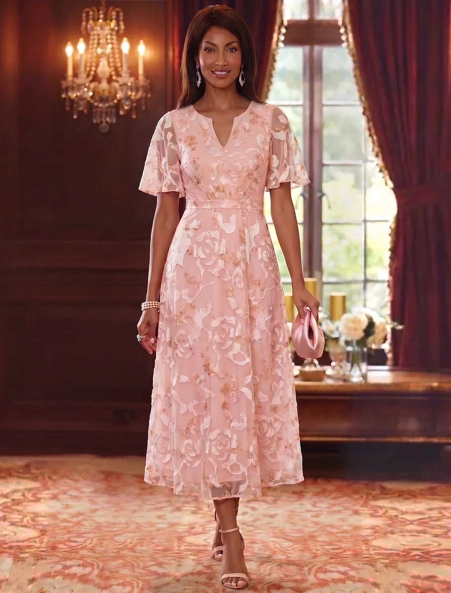 A-Line/Princess V-Neck Chiffon Mother of the Bride Dresses Floral Tea-Length Short Sleeves - Image 3