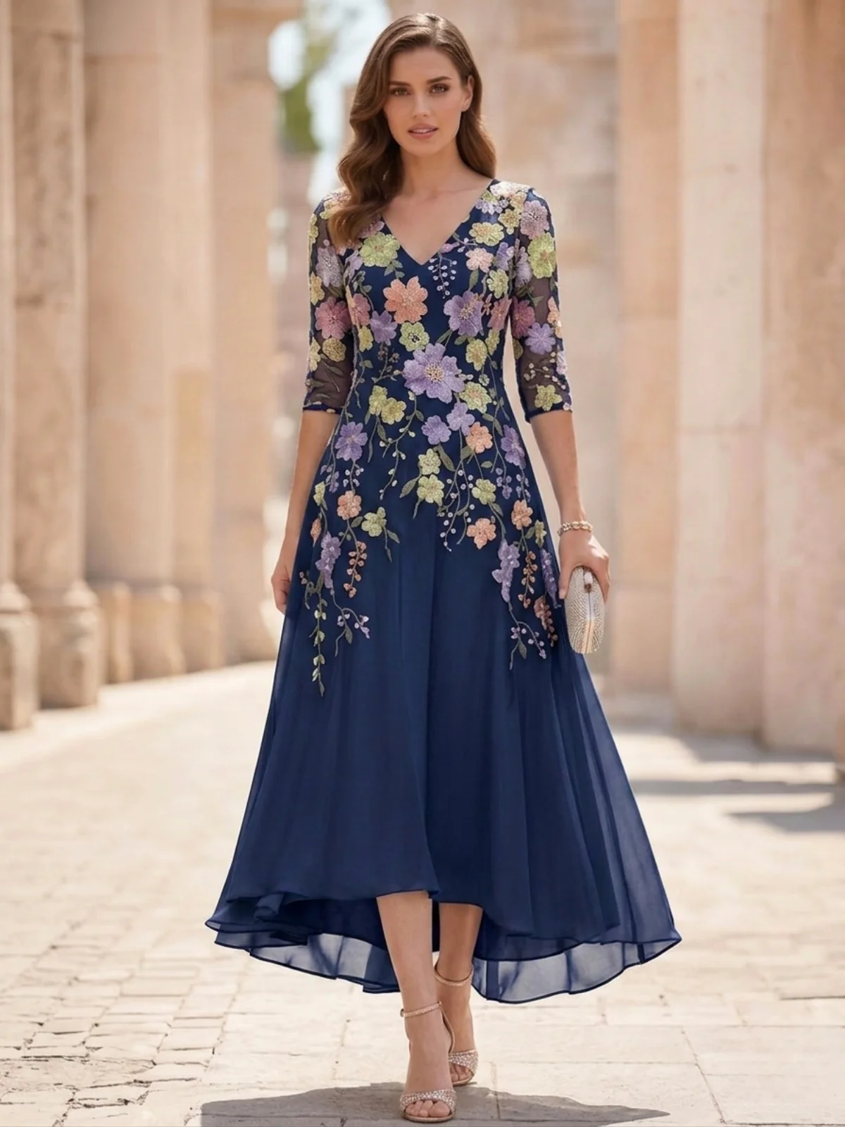 A-Line/Princess V-Neck Chiffon Mother of the Bride Dresses Half Sleeves Lace Floral Asymmetrical Tea-Length - Image 6