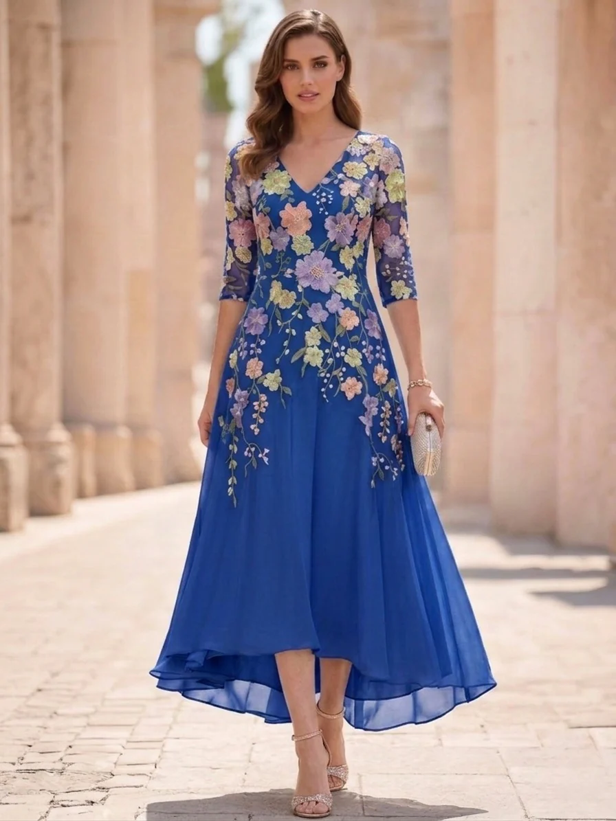 A-Line/Princess V-Neck Chiffon Mother of the Bride Dresses Half Sleeves Lace Floral Asymmetrical Tea-Length - Image 8