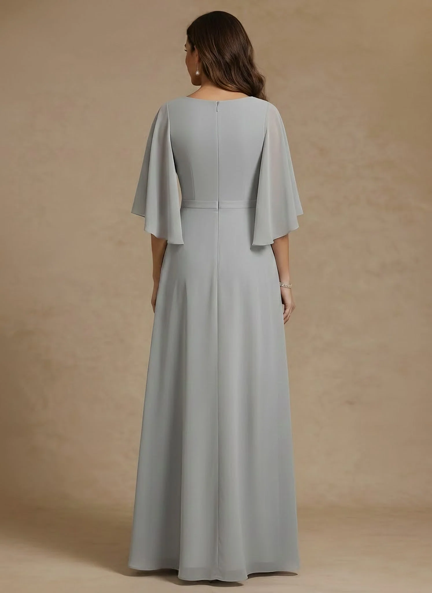 A-Line/Princess V-Neck Chiffon Mother of the Bride Dresses Lace Floor-Length Short Sleeves - Image 2