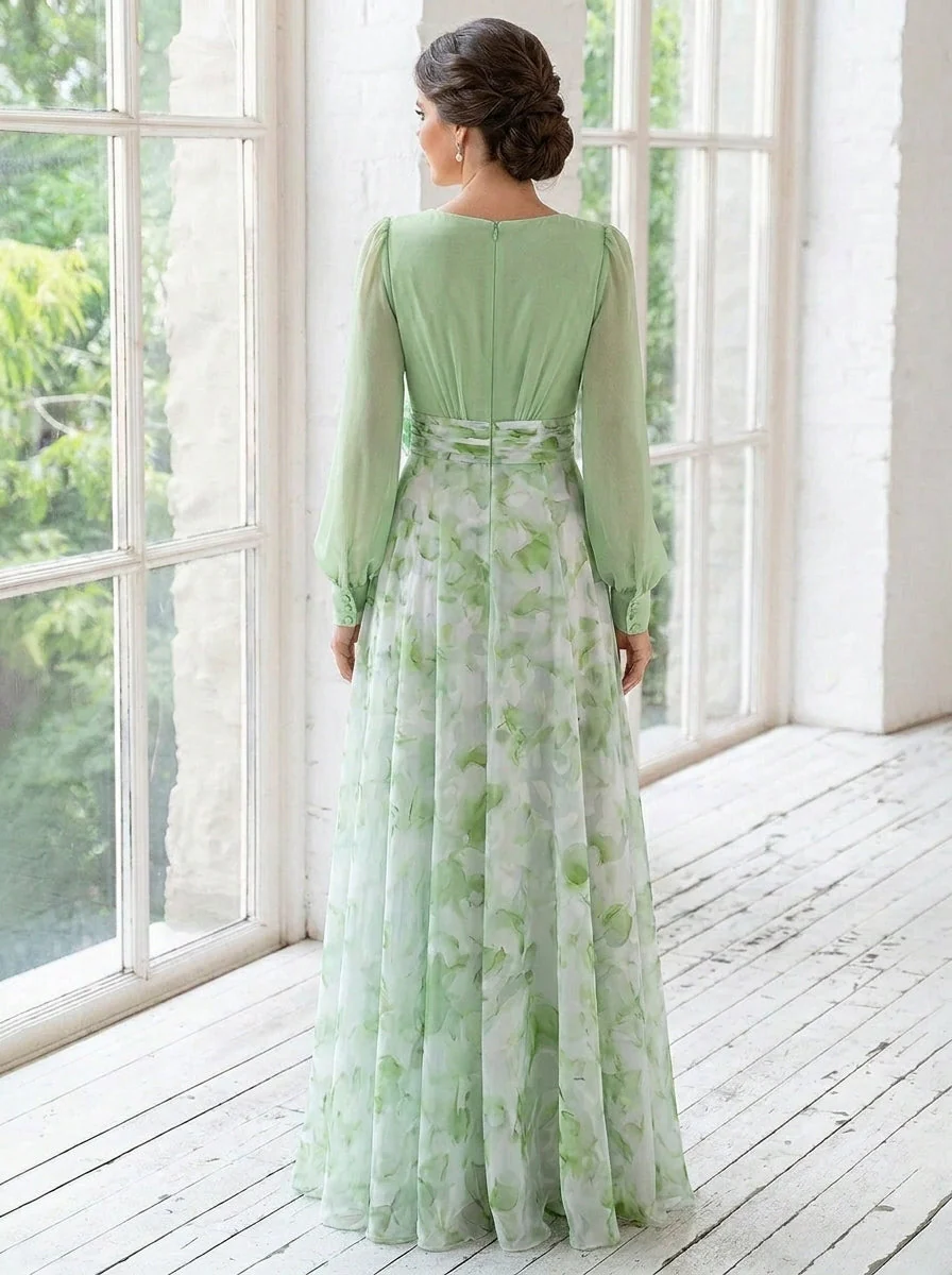 A-Line/Princess V-Neck Chiffon Mother of the Bride Dresses with 3D Flower Floral Floor-Length Long Sleeves Ruched - Image 2