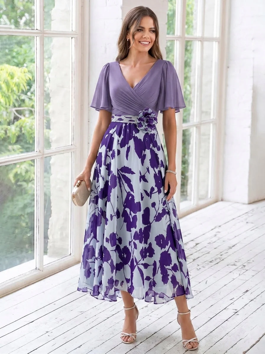 A-Line/Princess V-Neck Chiffon Mother of the Bride Dresses with 3D Flower Tea-Length Floral Short Sleeves - Image 3
