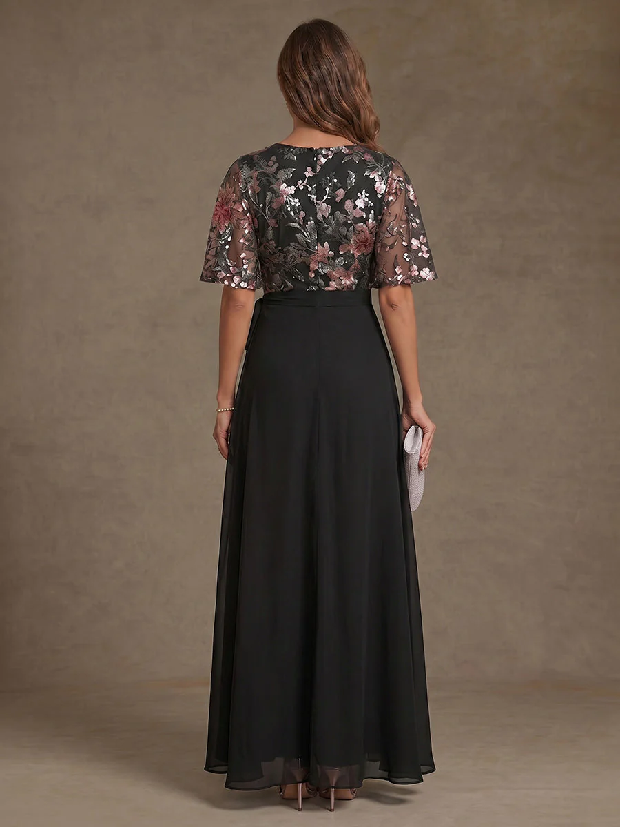 A-Line/Princess V-Neck Chiffon Mother of the Bride Dresses with Split Side Floral Short Sleeves Floor-Length - Image 2
