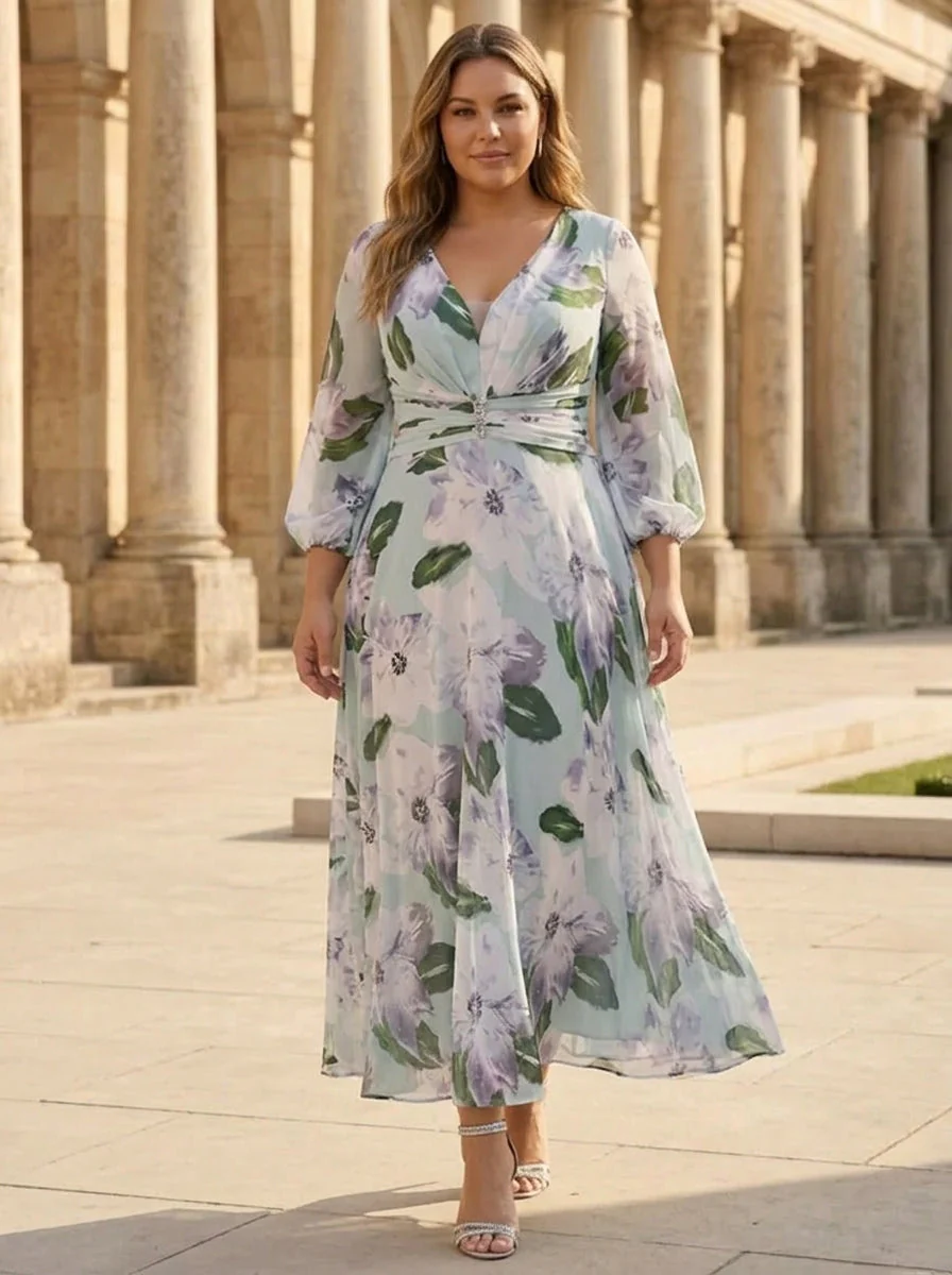 A-Line/Princess V-Neck Chiffon Plus Size Mother of the Bride Dresses 3/4 Sleeves Floral Tea-Length Ruched - Image 3