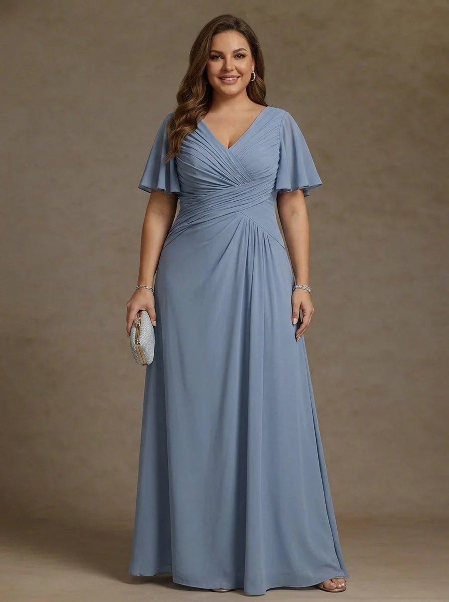 A-Line/Princess V-Neck Chiffon Plus Size Mother of the Bride Dresses Floor-Length Ruched Short Sleeves - Image 3