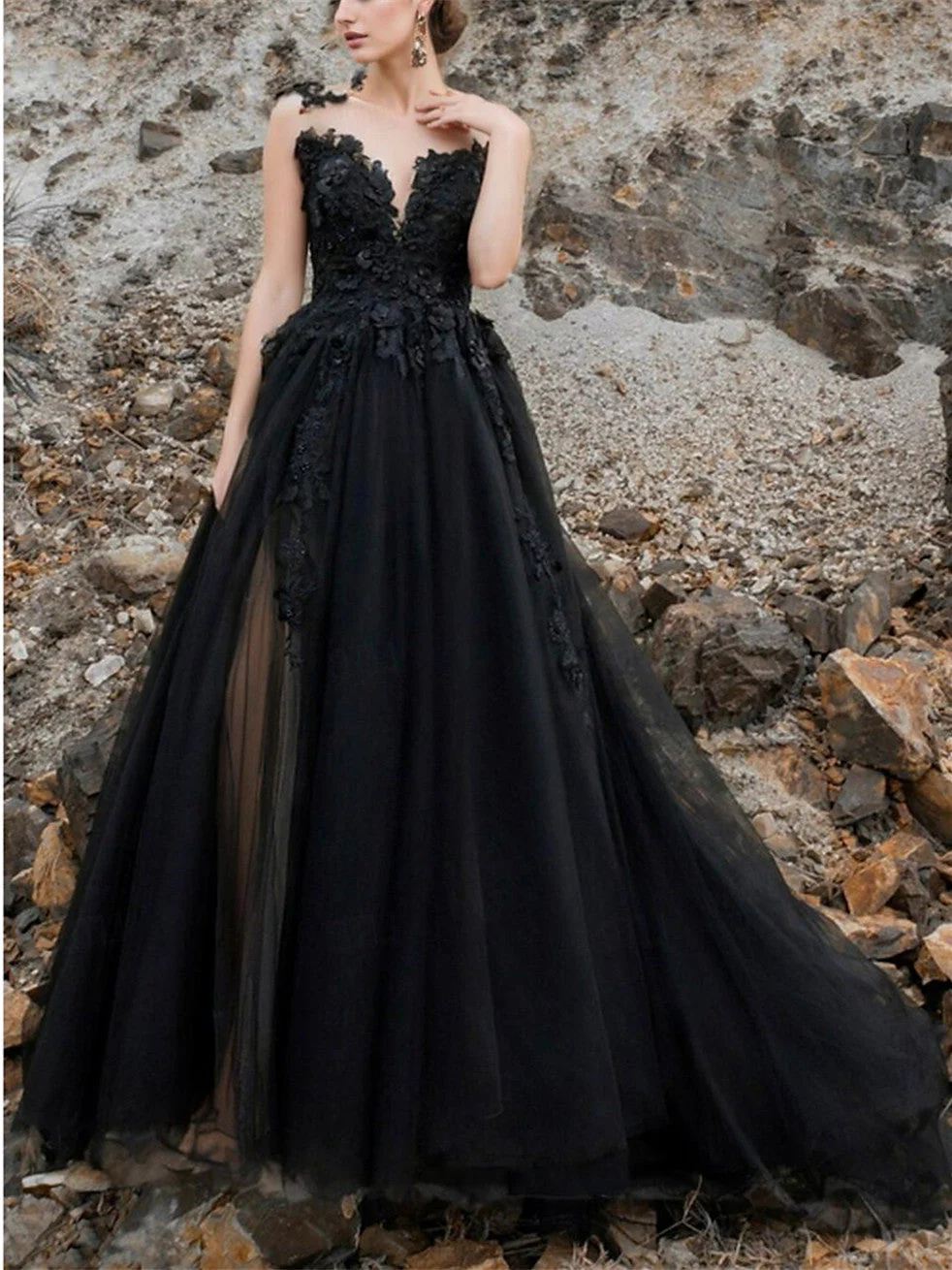 A-Line/Princess V-Neck Court Train Black Wedding Dress - Image 2