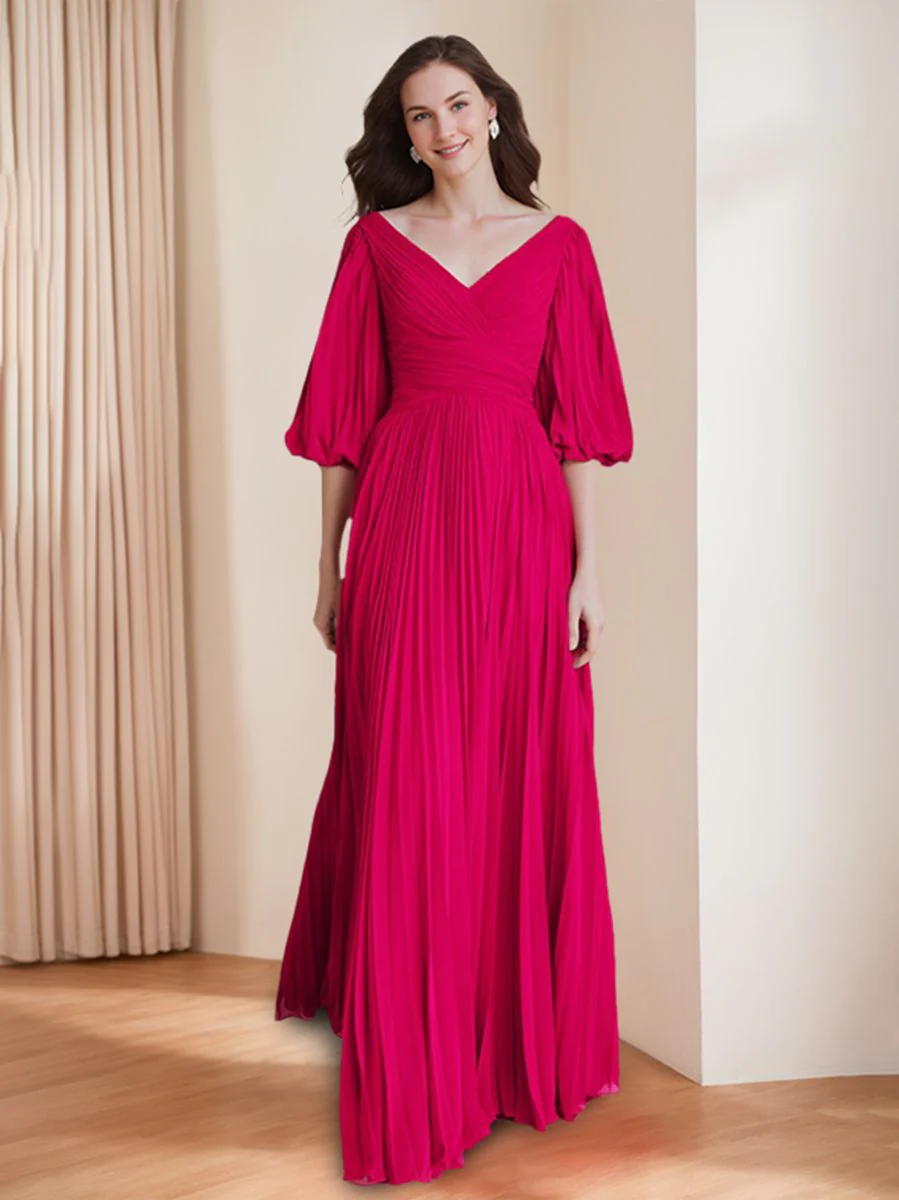 A-Line/Princess V-neck Floor-Length 3/4 Sleeves Mother of the Bride Dresses with Ruffles - Image 4