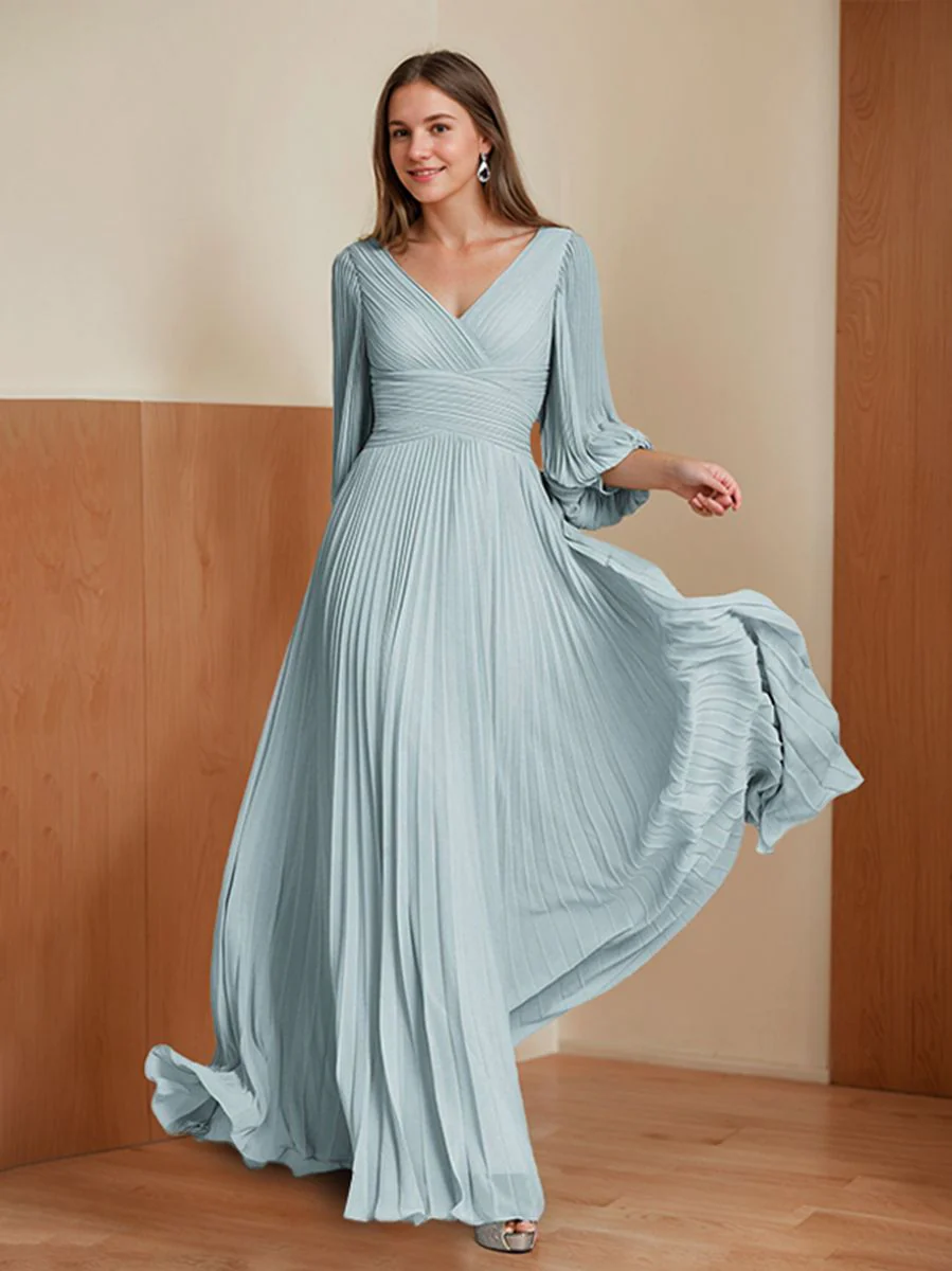 A-Line/Princess V-neck Floor-Length 3/4 Sleeves Mother of the Bride Dresses with Ruffles - Image 5