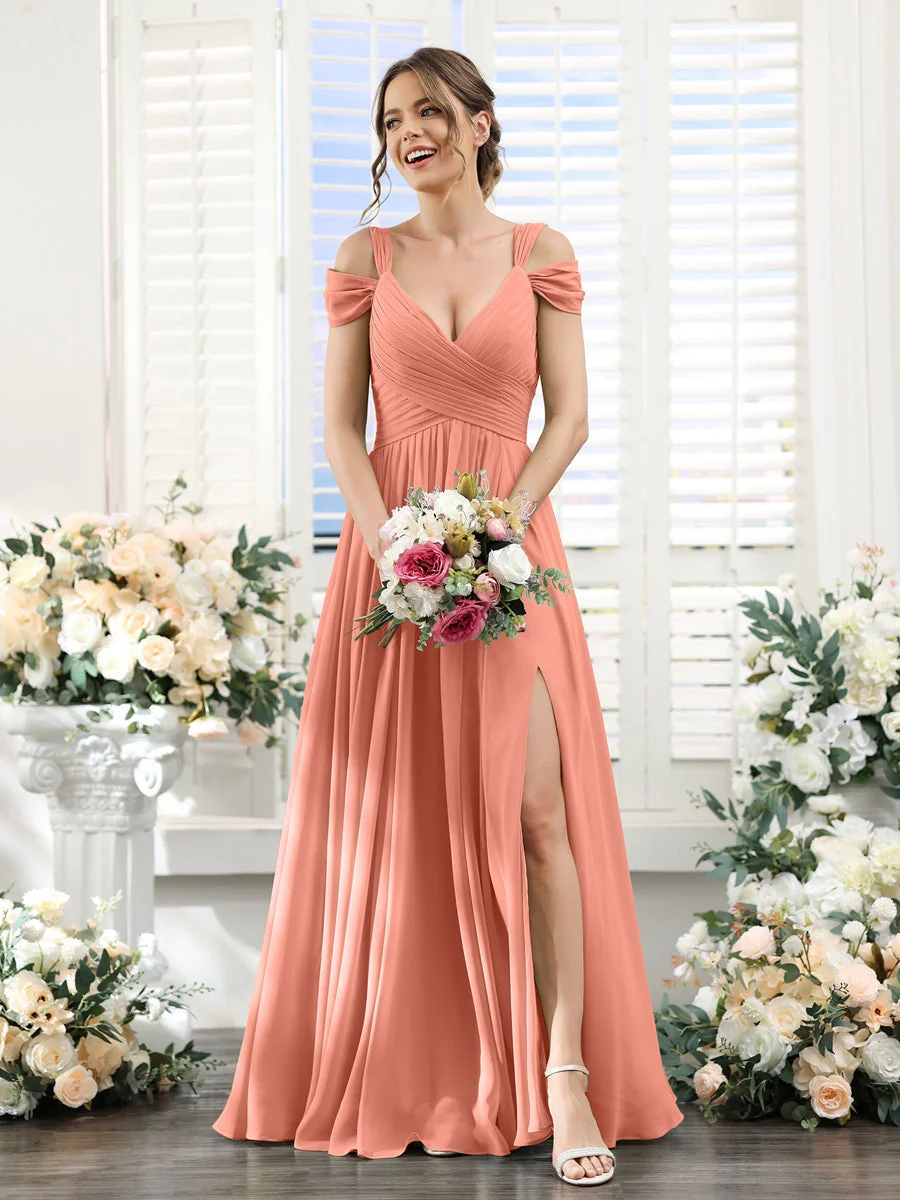 A-Line/Princess V-Neck Floor-Length Chiffon Bridesmaid Dresses with Split Side & Ruched - Image 16