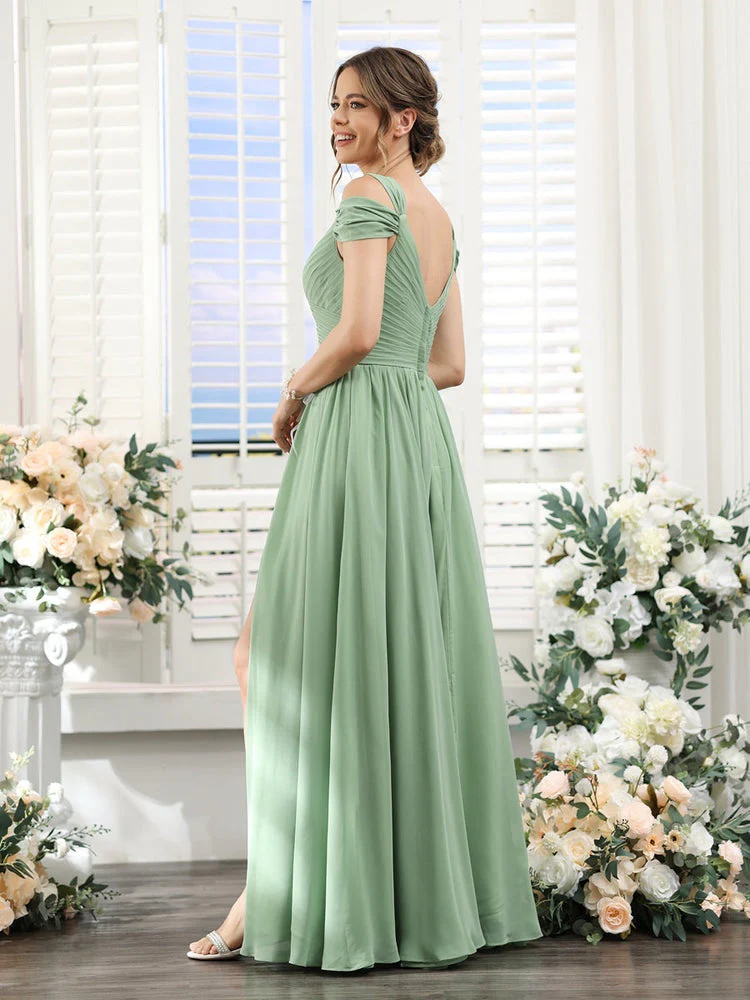 A-Line/Princess V-Neck Floor-Length Chiffon Bridesmaid Dresses with Split Side & Ruched - Image 3
