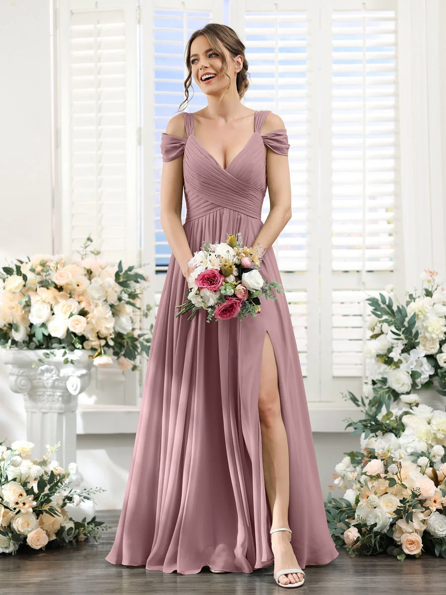 A-Line/Princess V-Neck Floor-Length Chiffon Bridesmaid Dresses with Split Side & Ruched - Image 31