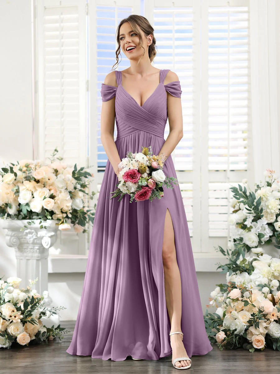 A-Line/Princess V-Neck Floor-Length Chiffon Bridesmaid Dresses with Split Side & Ruched - Image 40