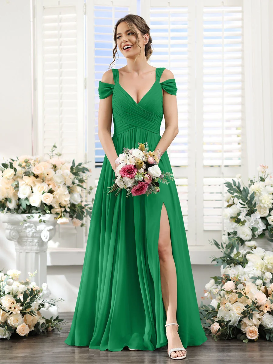 A-Line/Princess V-Neck Floor-Length Chiffon Bridesmaid Dresses with Split Side & Ruched - Image 64
