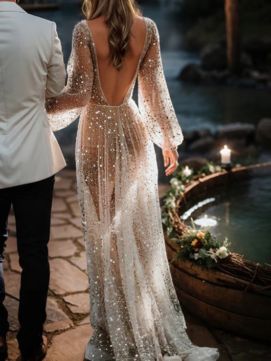 A-Line/Princess V-Neck Floor-Length Sequins Wedding Dress - Image 4