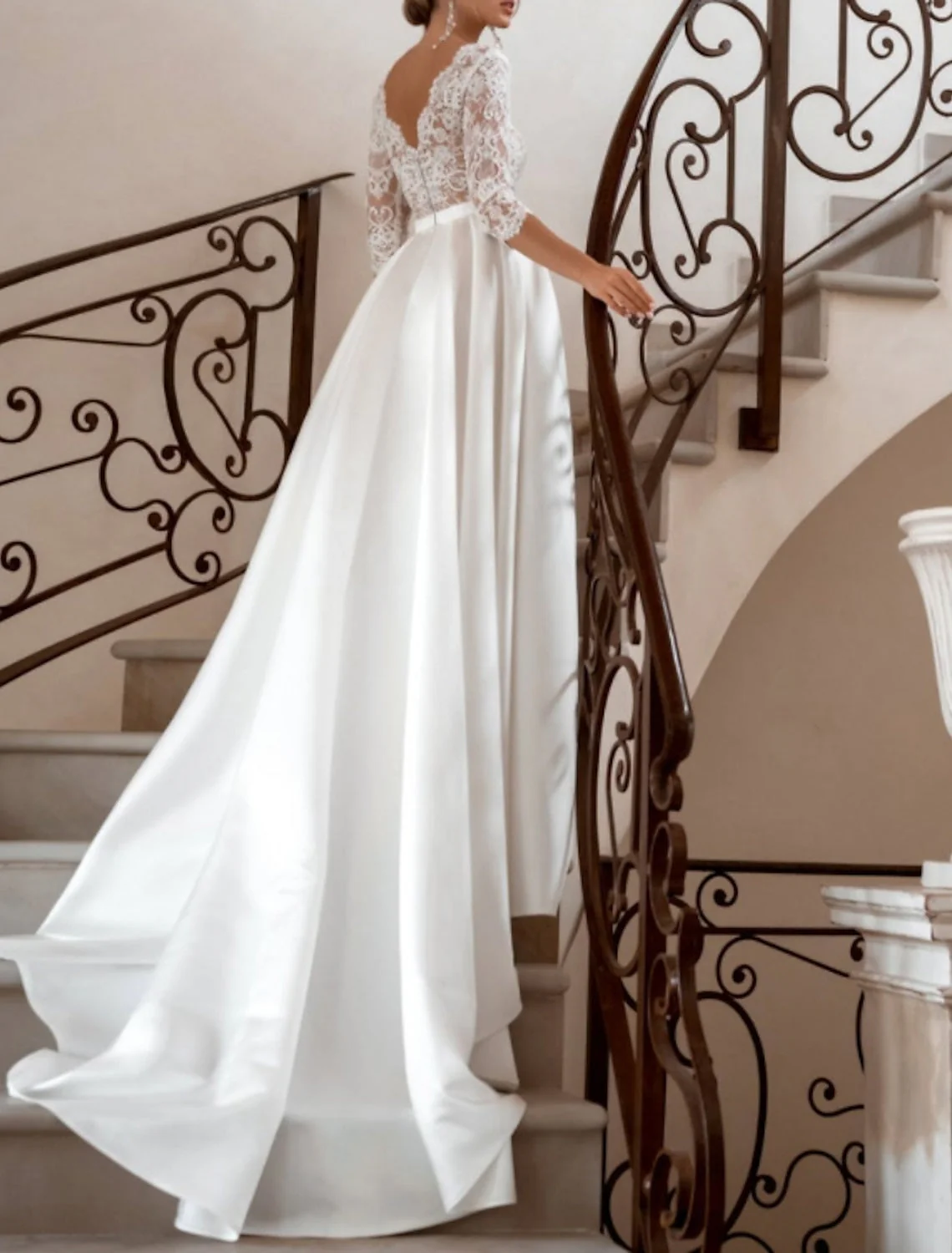 A-Line/Princess V-Neck Floor-length Lace Wedding Dress - Image 2