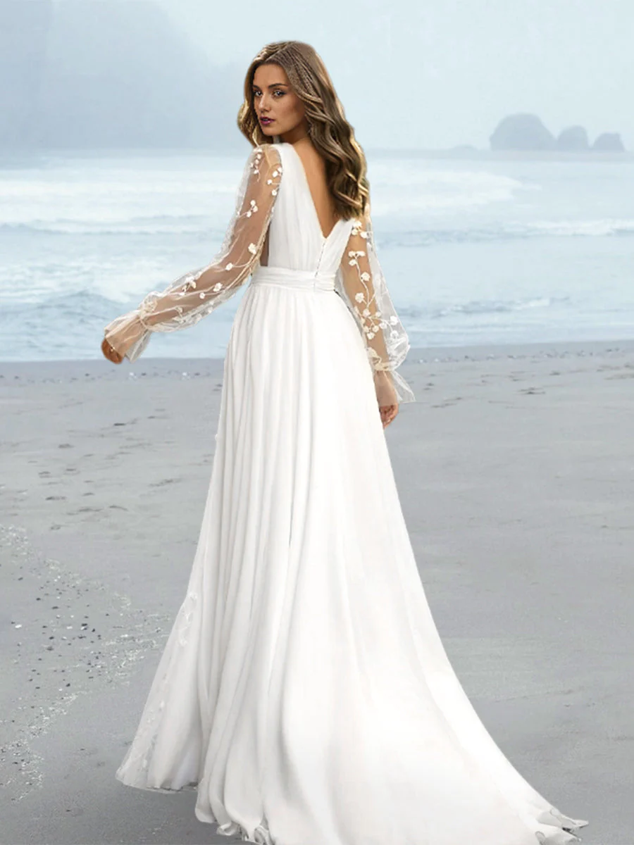 A-Line/Princess V-Neck Floor-length Wedding Dress - Image 4